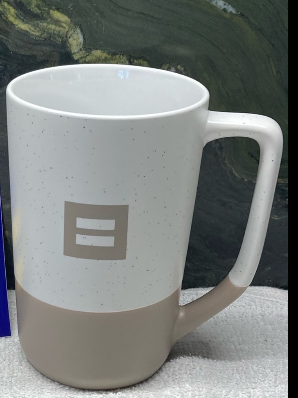 Ceramic Equality Mug Taupe White Speckled with Equal Sign Graphics New
